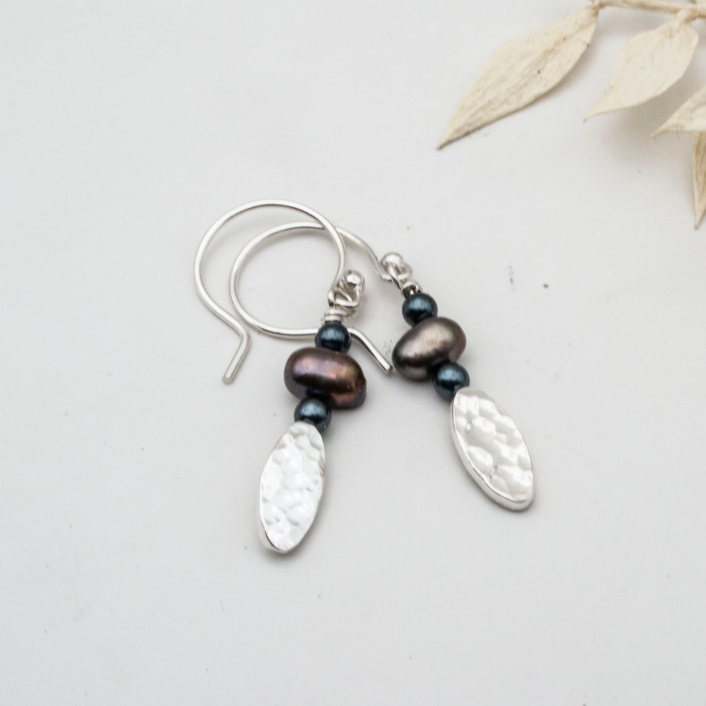 Bronze Freshwater Pearl & Hammered Silver Oval Earrings