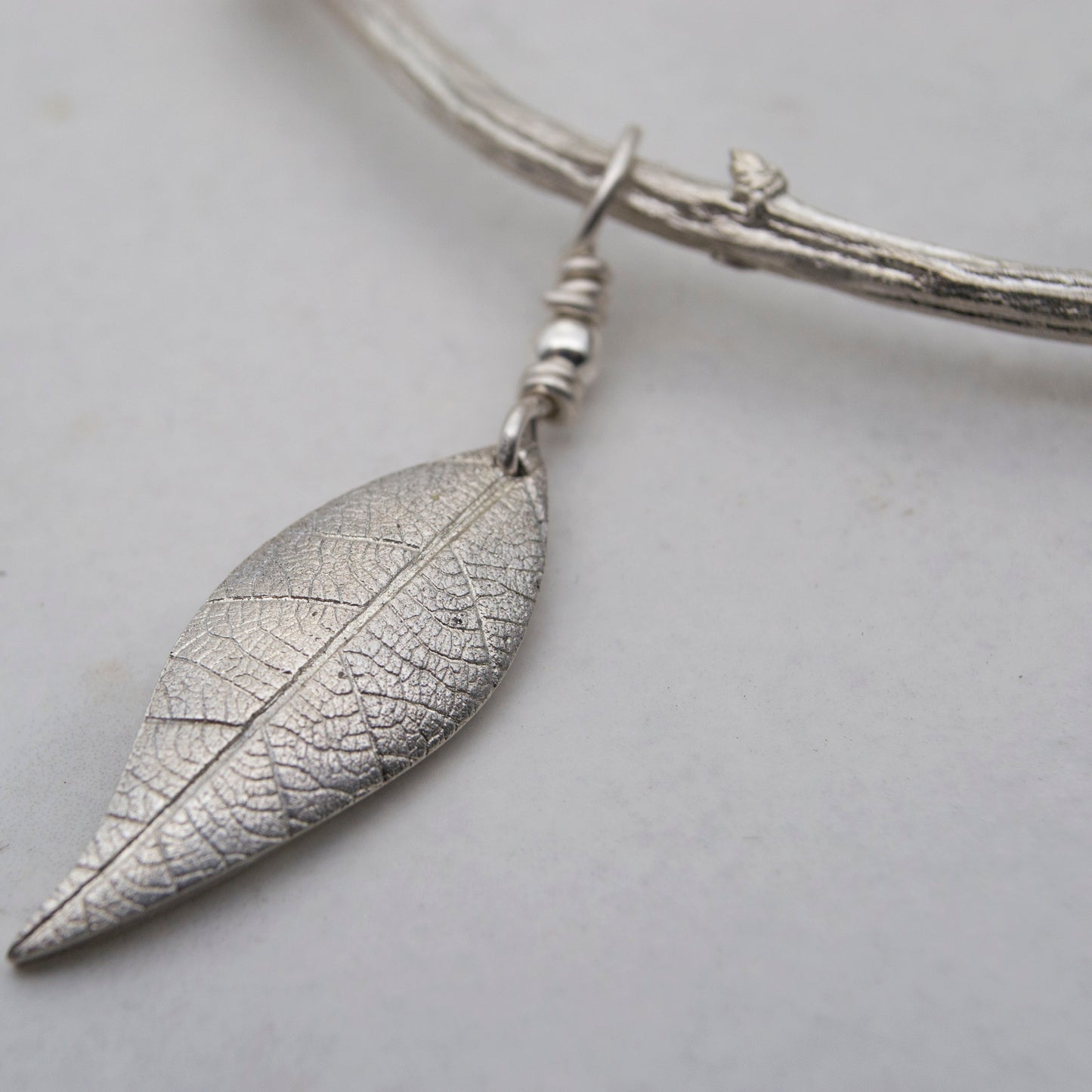 Apple twig sterling silver cuff bangle with sterling silver leaf
