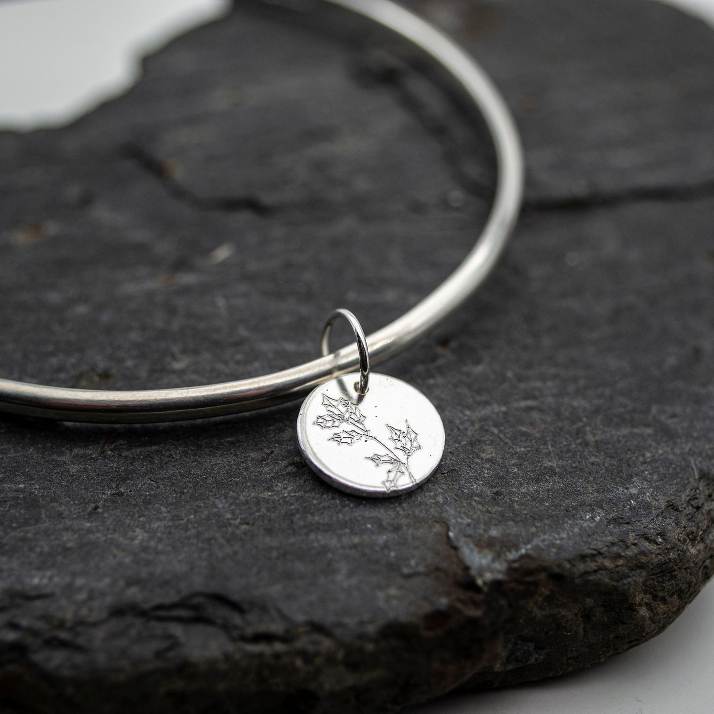 Birth Flower engraved silver bangle