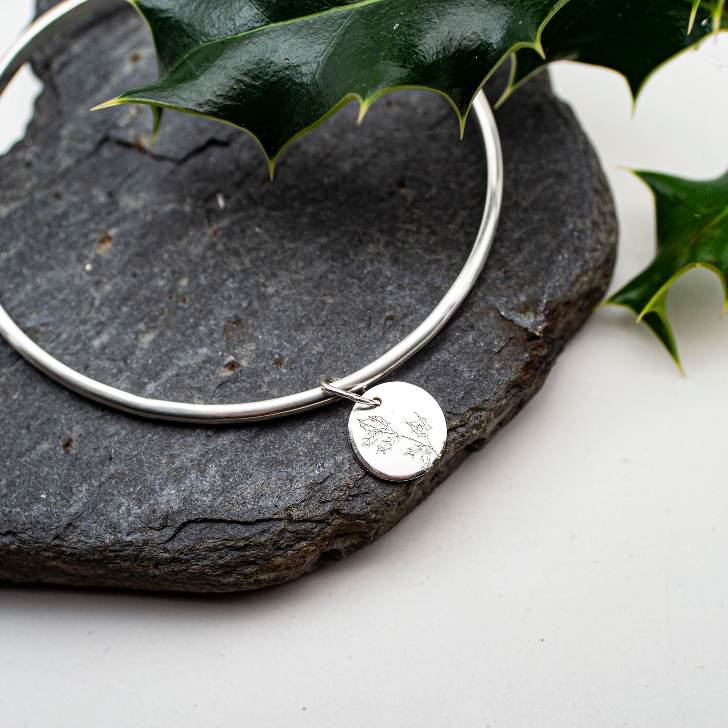 Birth Flower engraved silver bangle