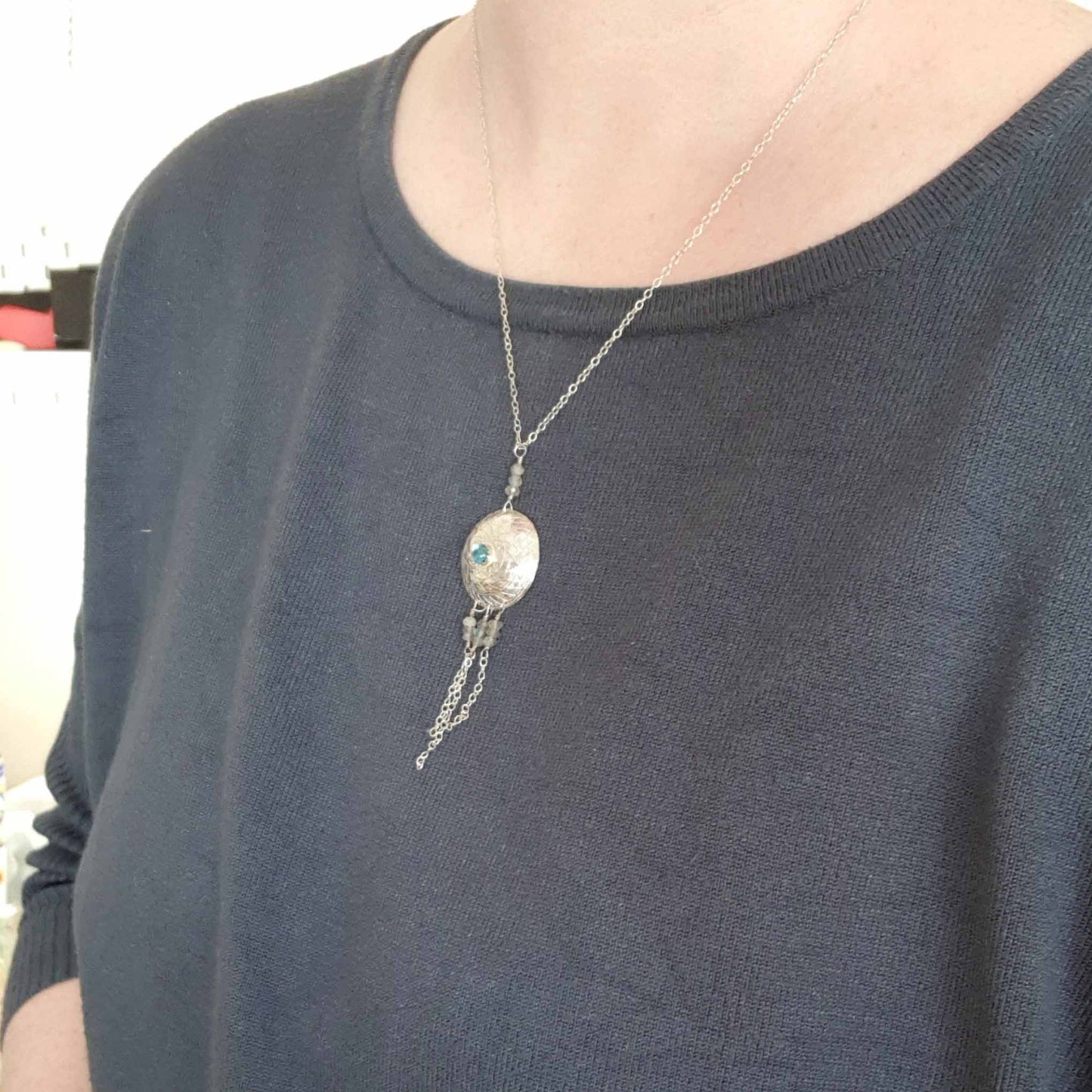 Becky Pearce Designs Etched pendant necklace with labradorite and london blue topaz