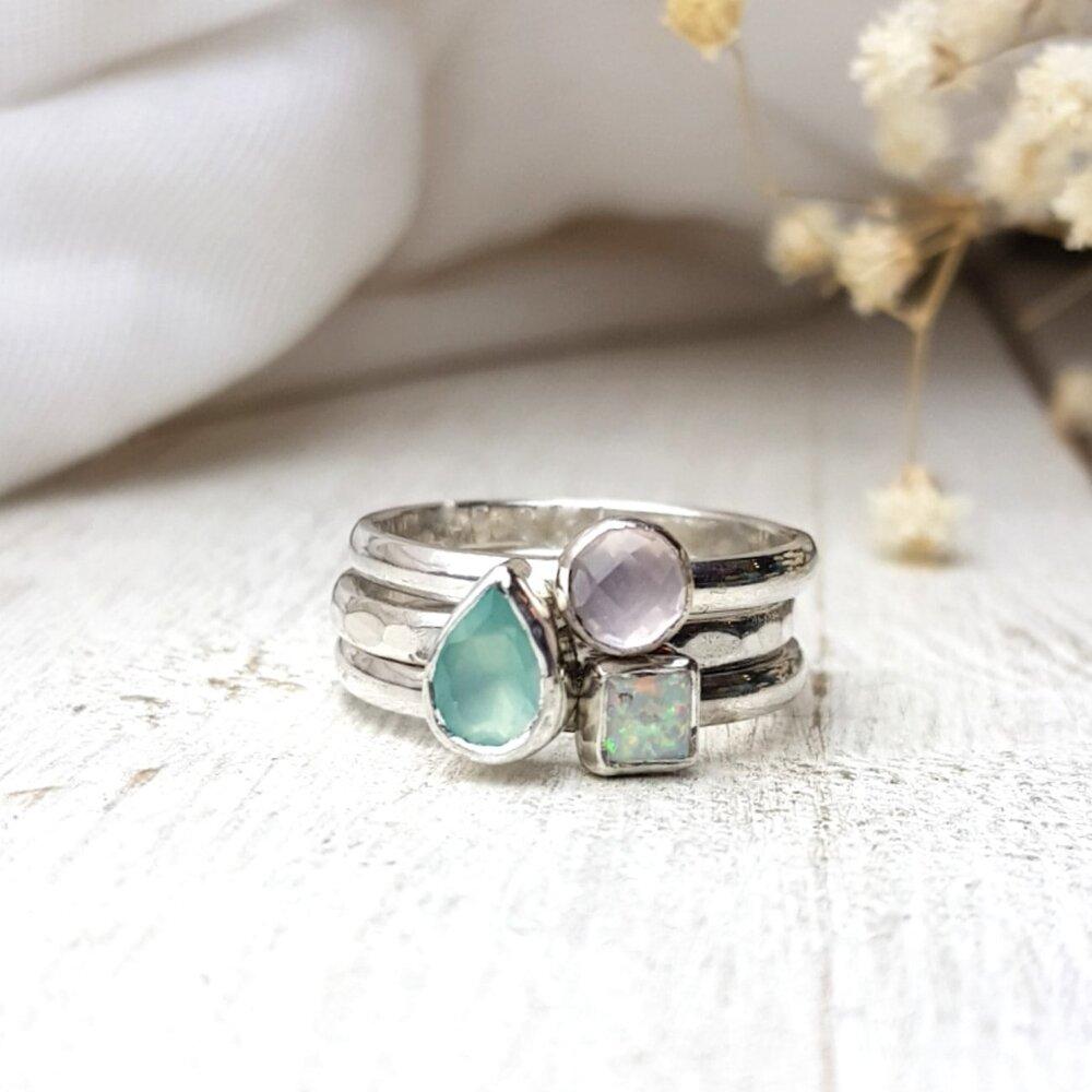 Becky Pearce Designs Rings Sea blue agate, opal and rose quartz