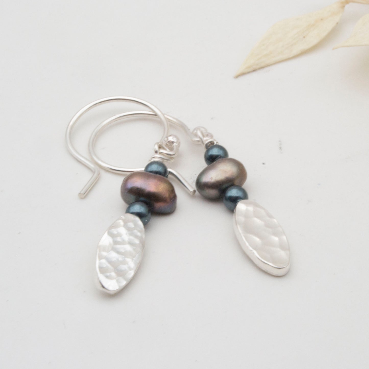 Bronze Freshwater Pearl & Hammered Silver Oval Earrings