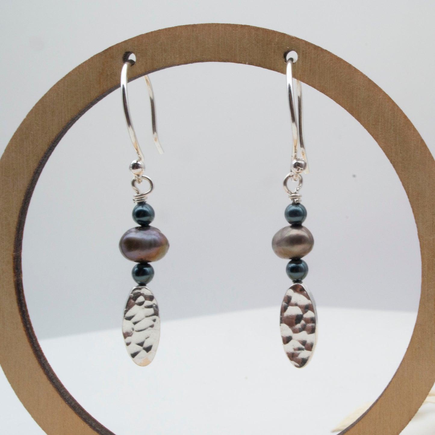 Bronze Freshwater Pearl & Hammered Silver Oval Earrings