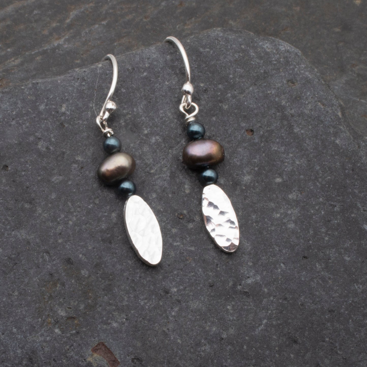 Bronze Freshwater Pearl & Hammered Silver Oval Earrings