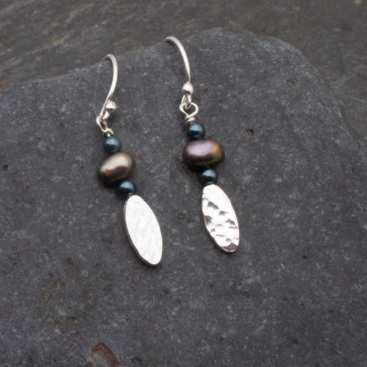 Bronze Freshwater Pearl & Hammered Silver Oval Earrings