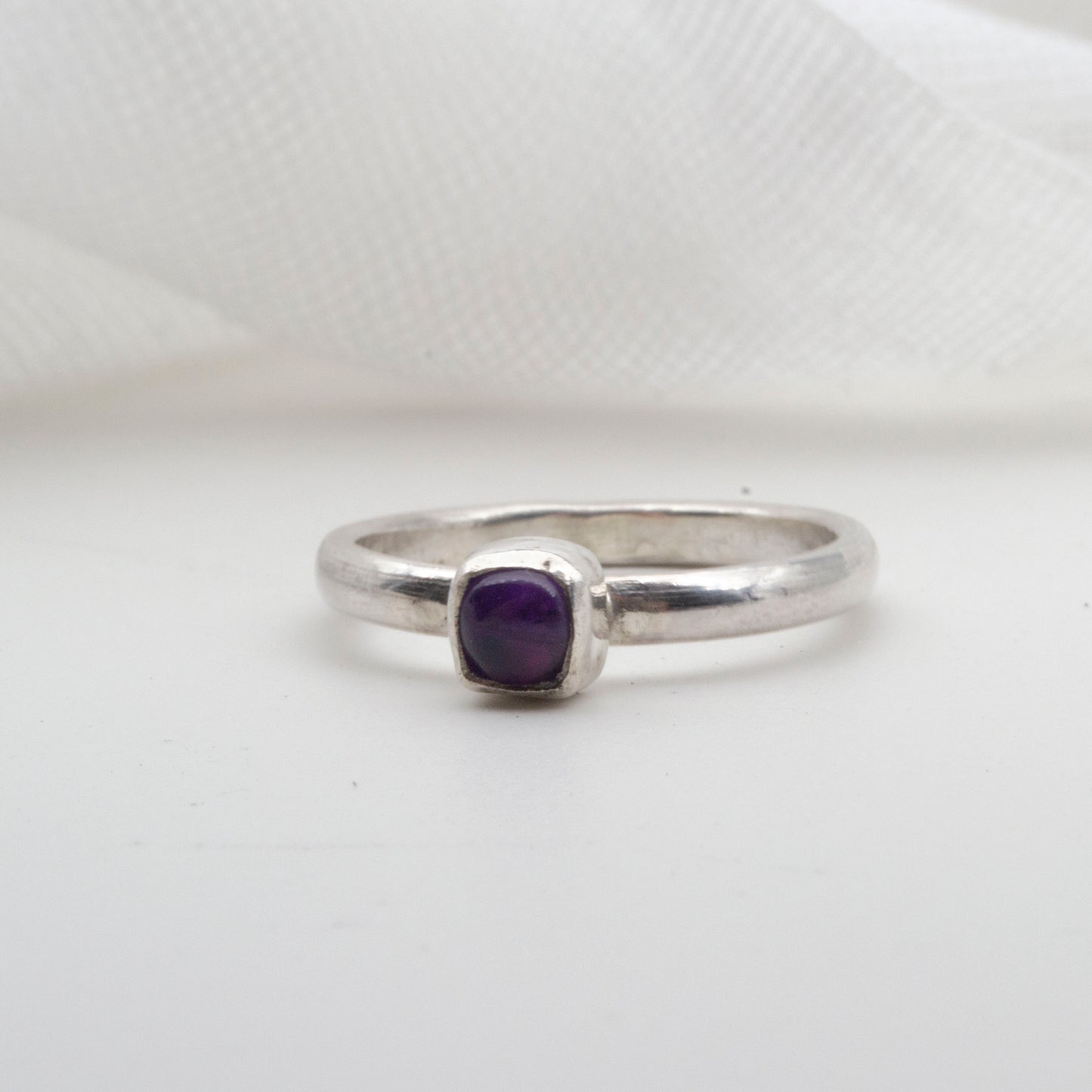 Amethyst cushion cut cabochon sterling silver ring Size K