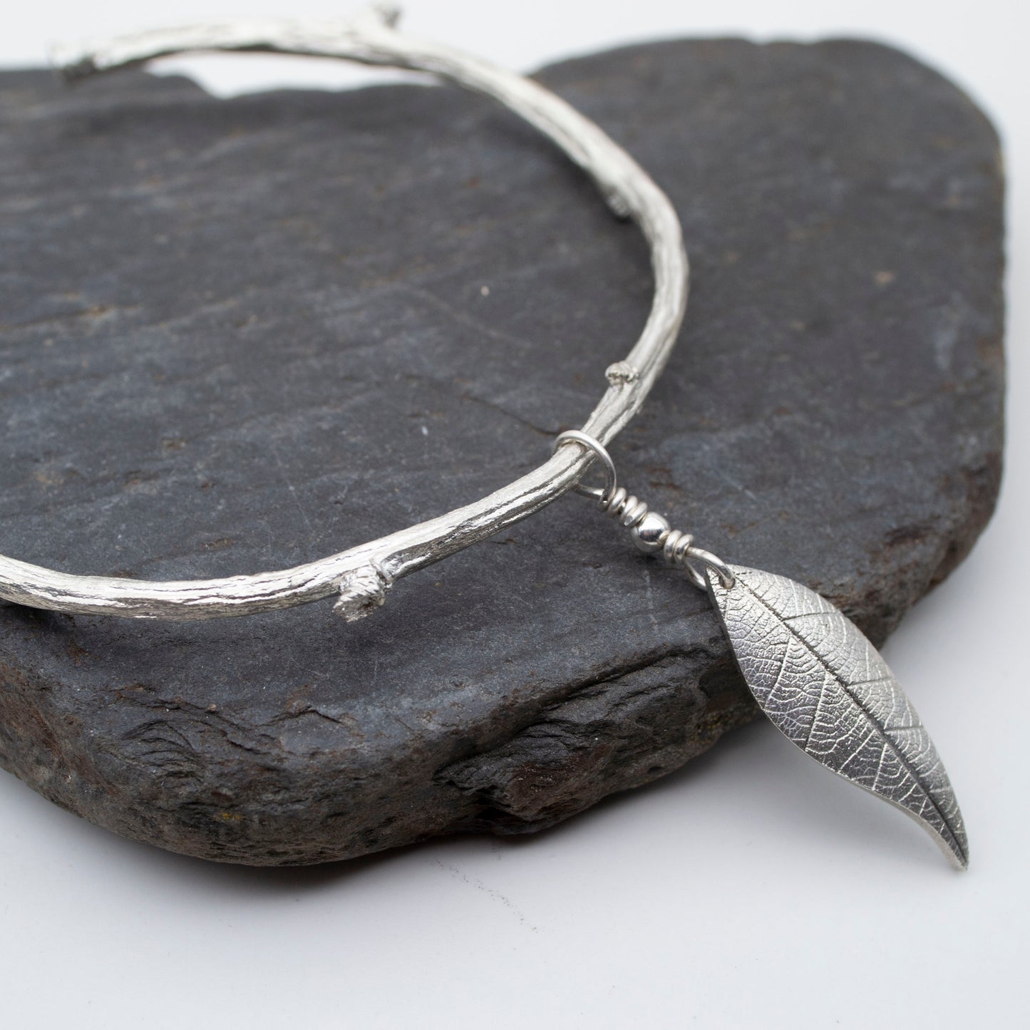 Apple twig sterling silver cuff bangle with sterling silver leaf