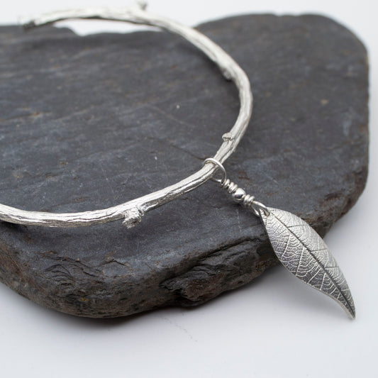 Apple twig sterling silver cuff bangle with sterling silver leaf