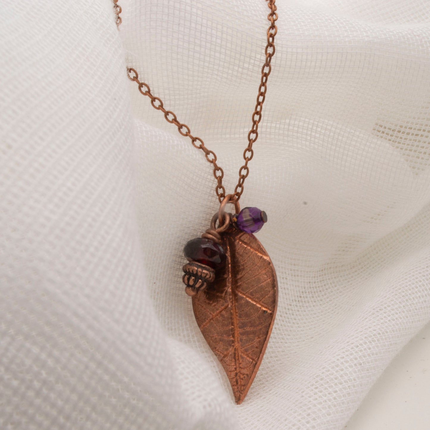 Handmade Copper Leaf Necklace with Garnet and Amethyst