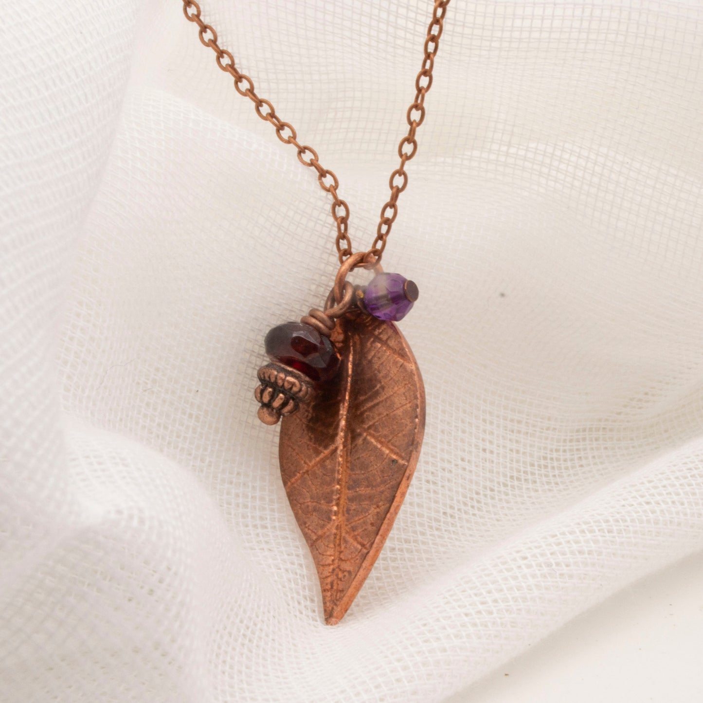 Handmade Copper Leaf Necklace with Garnet and Amethyst