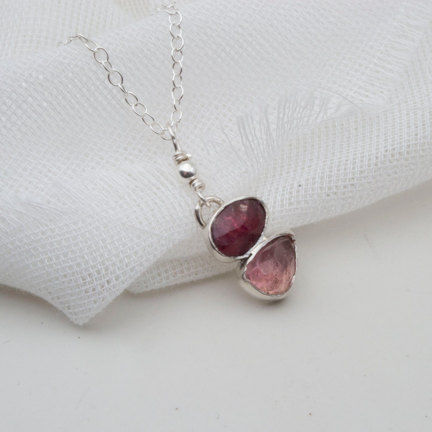 Handmade Sterling Silver Raspberry & Pink Tourmaline Pendant – 18” Trace Chain