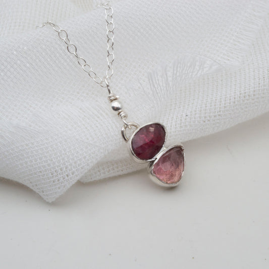 Handmade Sterling Silver Raspberry & Pink Tourmaline Pendant – 18” Trace Chain