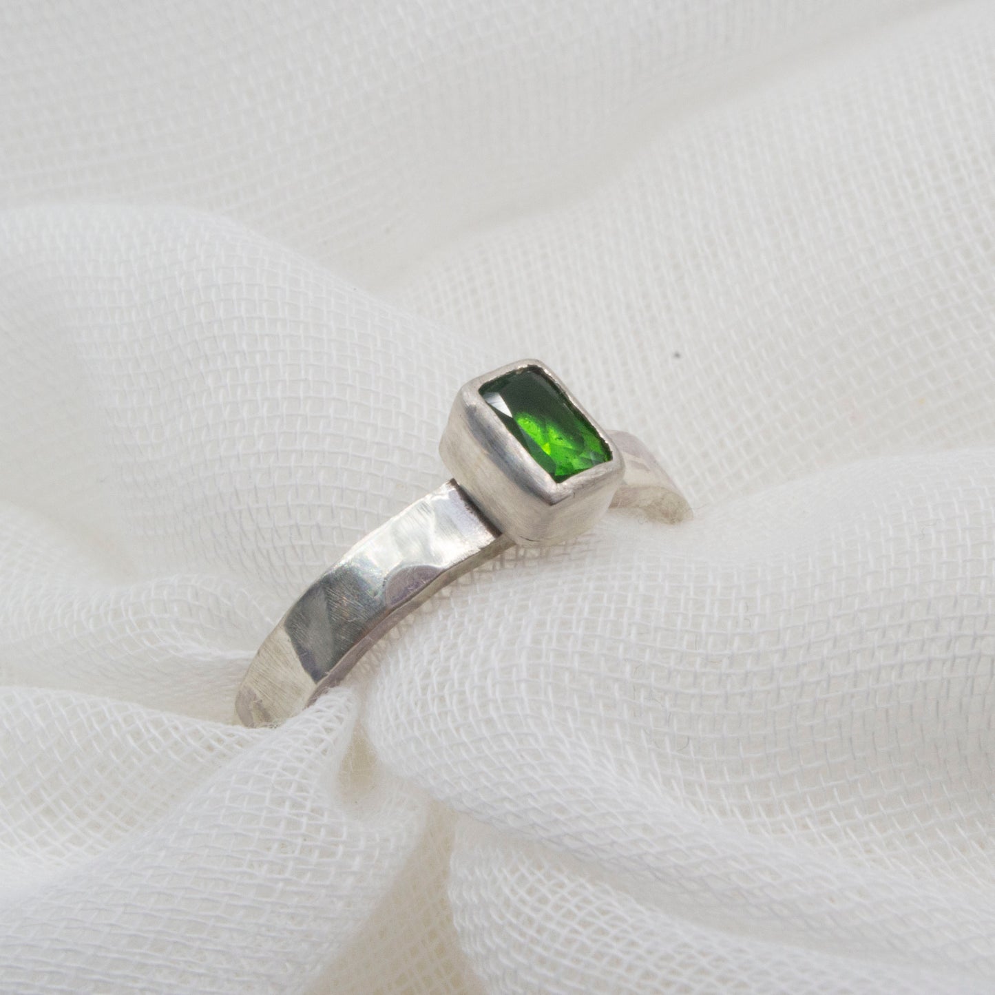 Lab emerald octagon on chunky hammered band Size Q