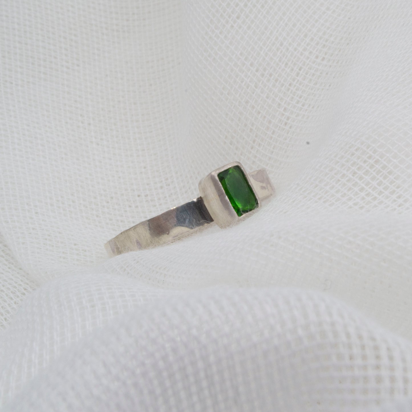 Lab emerald octagon on chunky hammered band Size Q