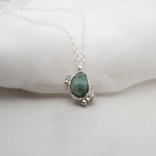Emerald komorebi pendant with moonstone and cubic zirconia