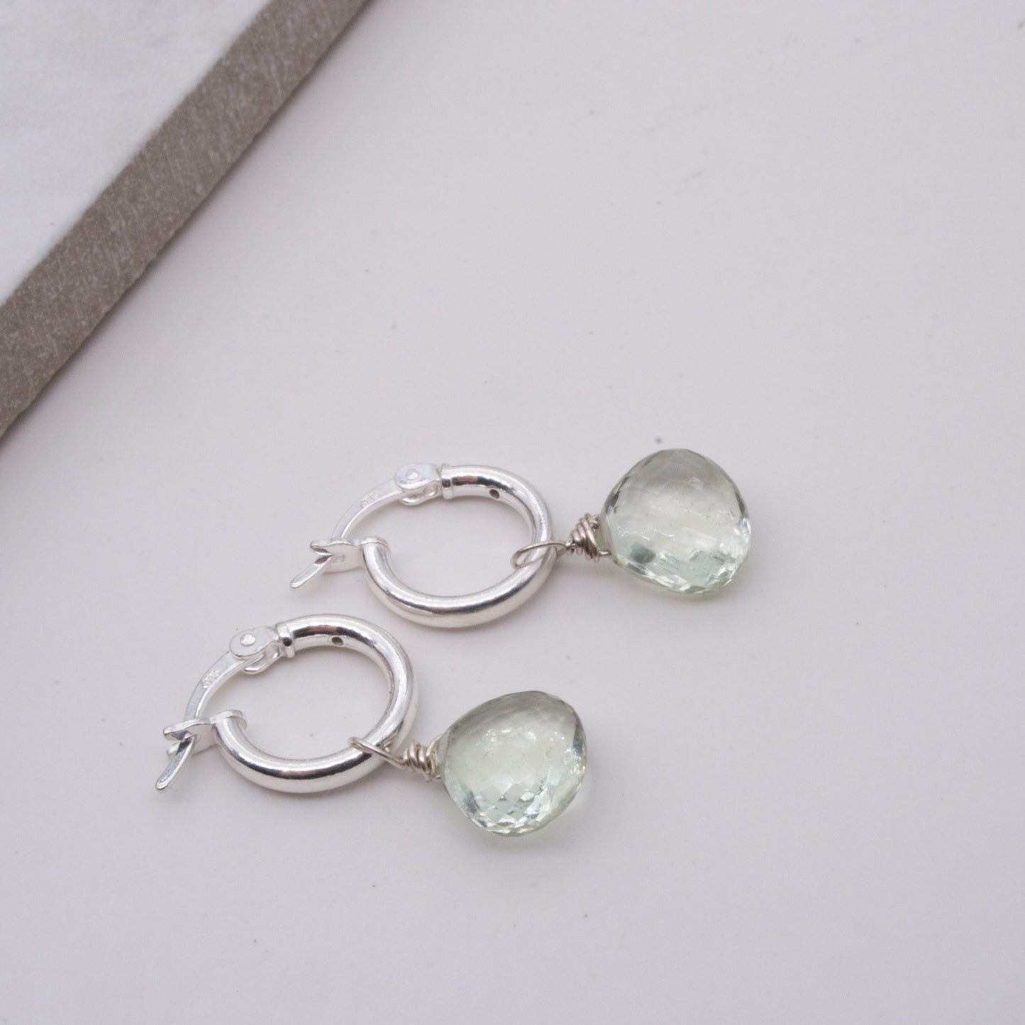 Green amethyst briolette hoop earrings