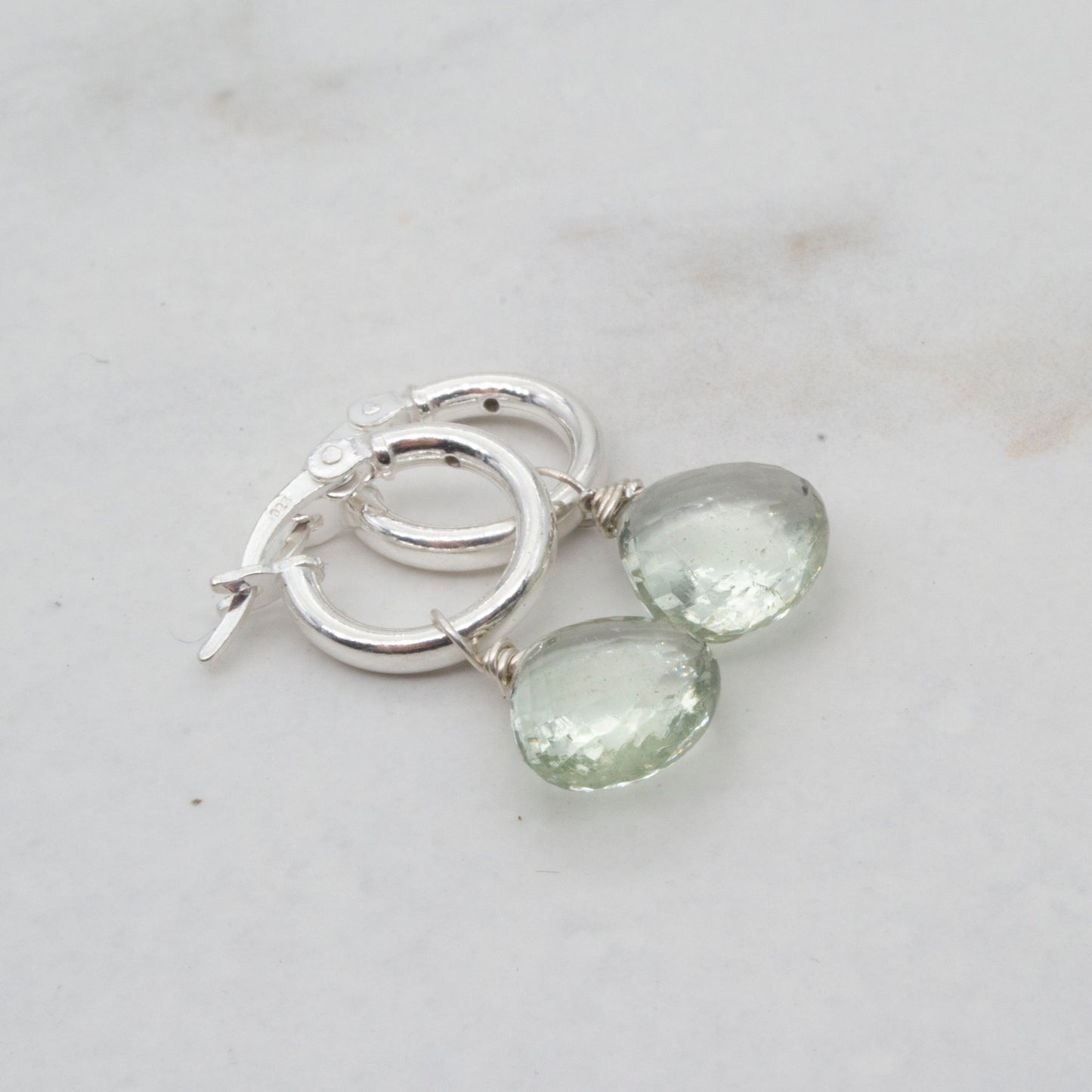 Green amethyst briolette hoop earrings