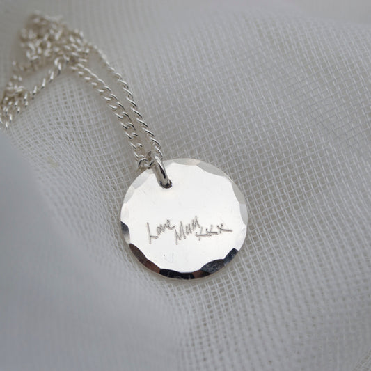 Textured edge handwriting pendant necklace in sterling silver - round