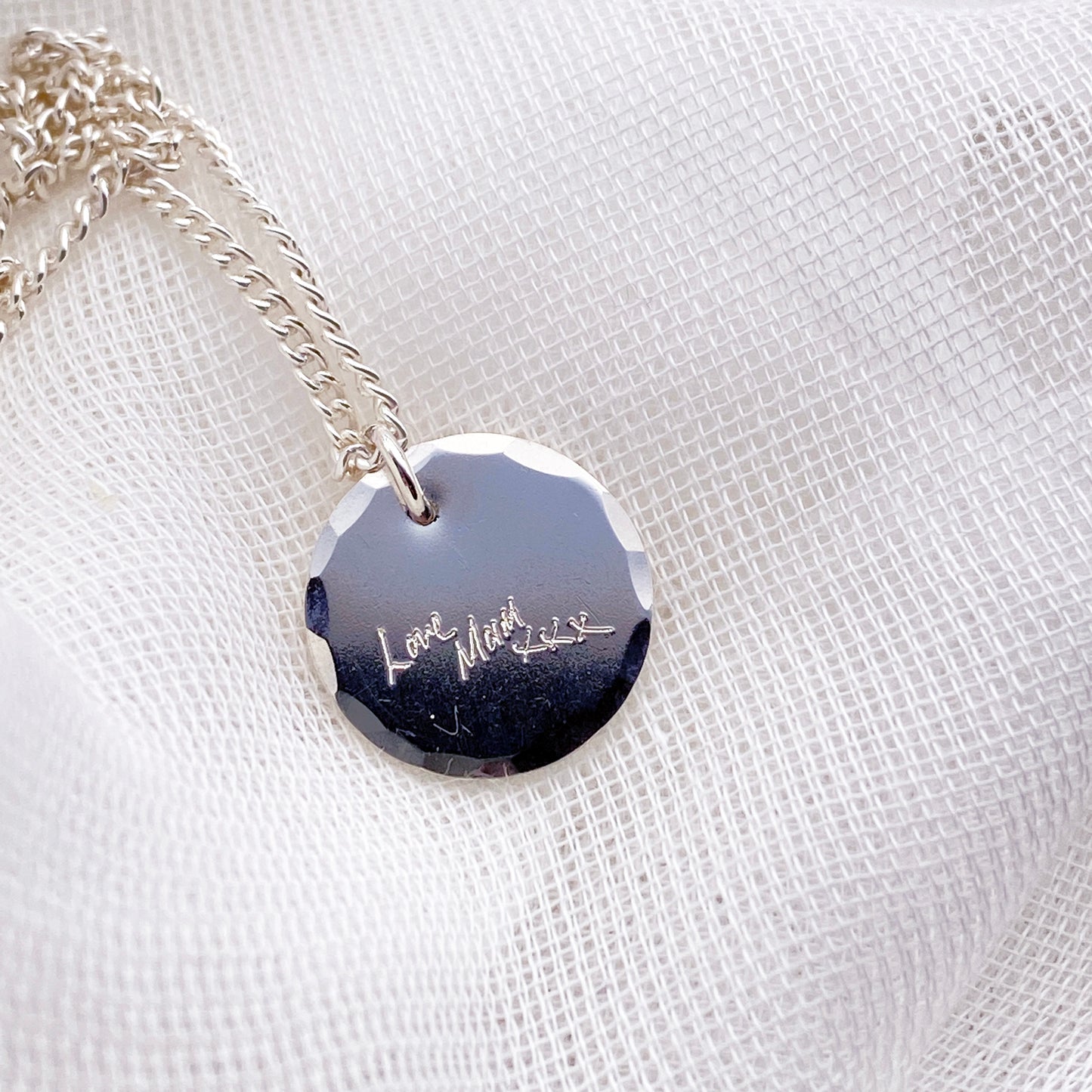 Textured edge handwriting pendant necklace in sterling silver - round