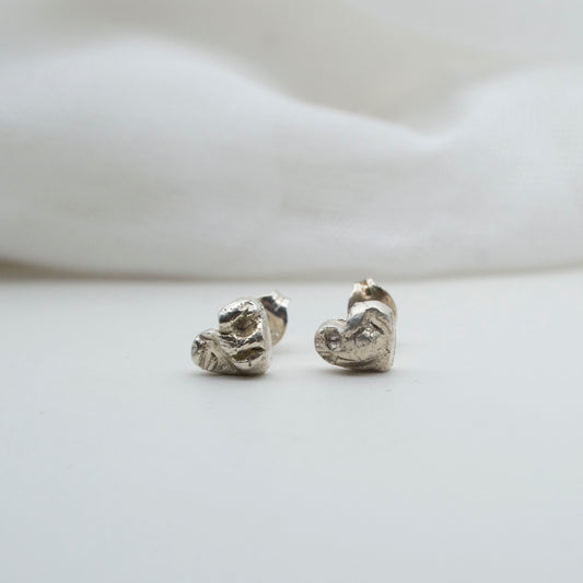 Teeny textured heart stud earrings in fine silver