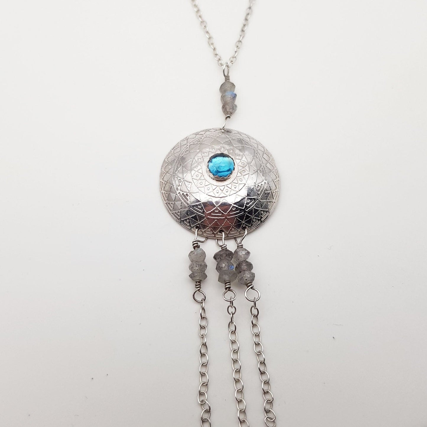 Becky Pearce Designs Etched pendant necklace with labradorite and london blue topaz