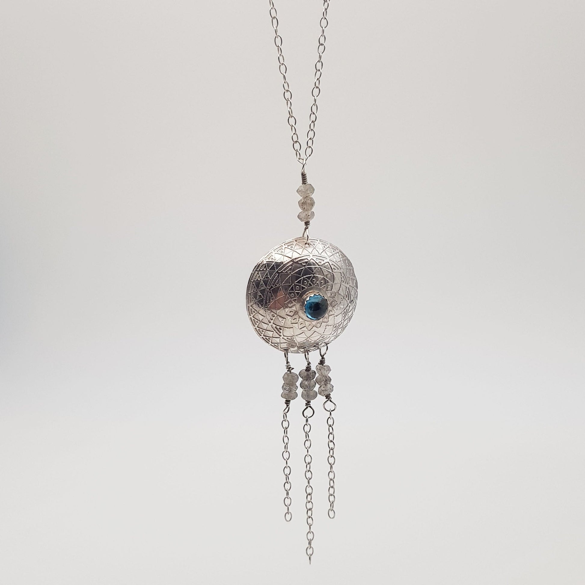 Becky Pearce Designs Etched pendant necklace with labradorite and london blue topaz