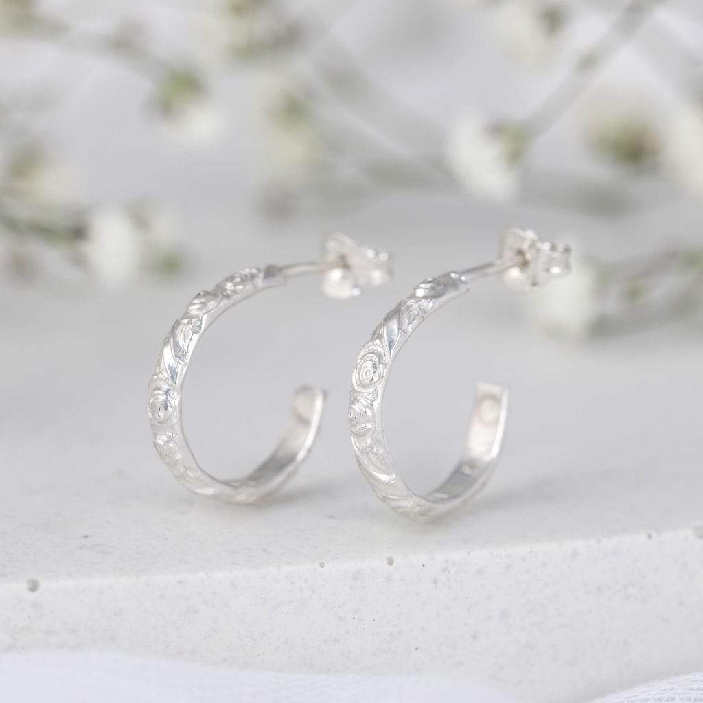 Becky Pearce Designs Earrings Flora hoops - sterling silver hoop earrings with flower pattern