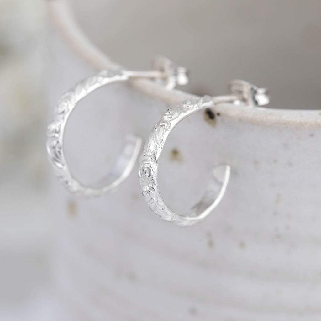 Becky Pearce Designs Earrings Flora hoops - sterling silver hoop earrings with flower pattern