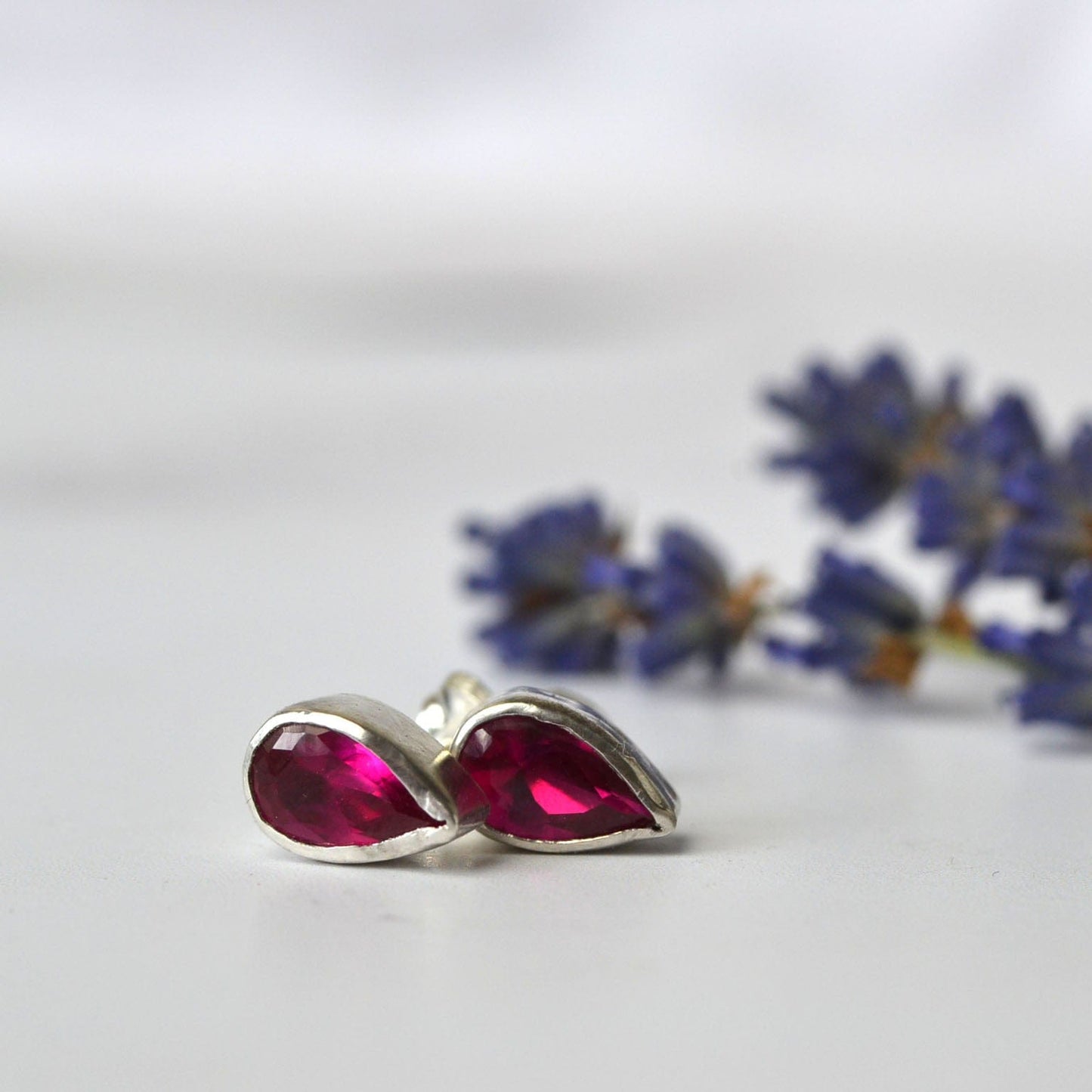 Becky Pearce Designs Earrings 6x4mm / July - Ruby (synth) Pear, or drop shaped gemstone stud earrings