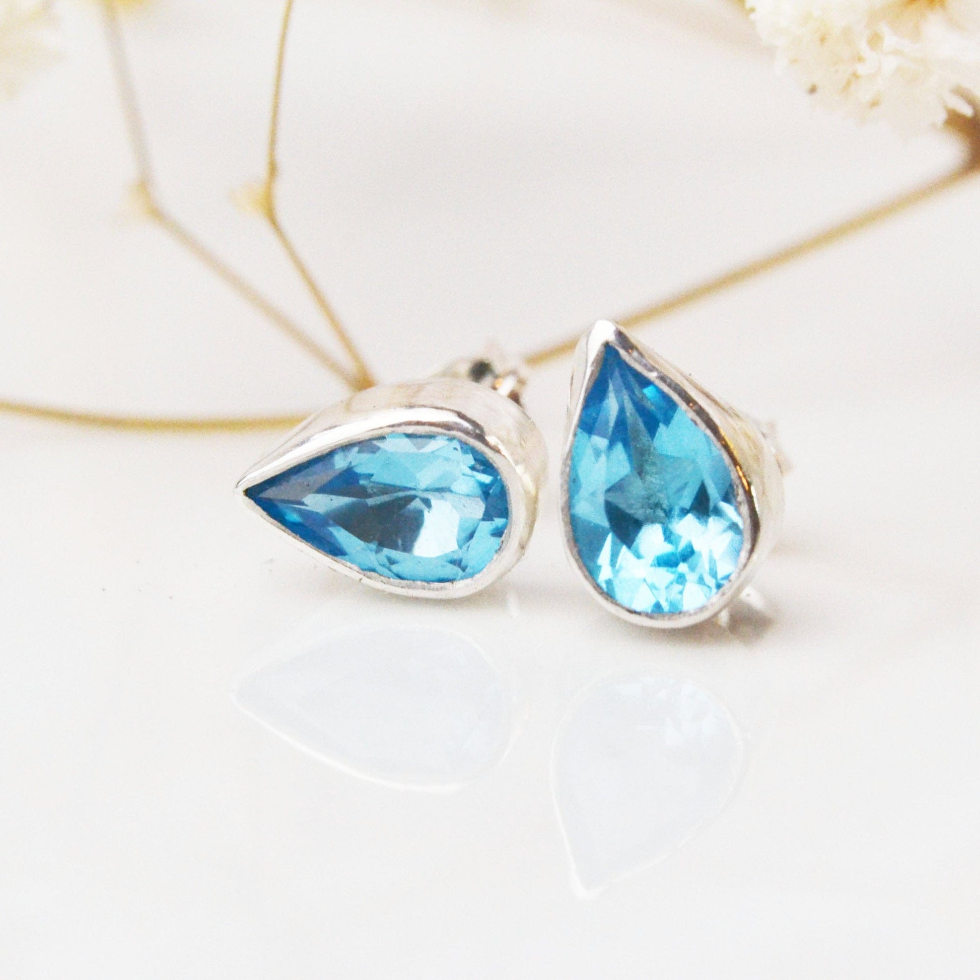 Becky Pearce Designs Earrings 6x4mm / December - Swiss blue topaz Pear, or drop shaped gemstone stud earrings