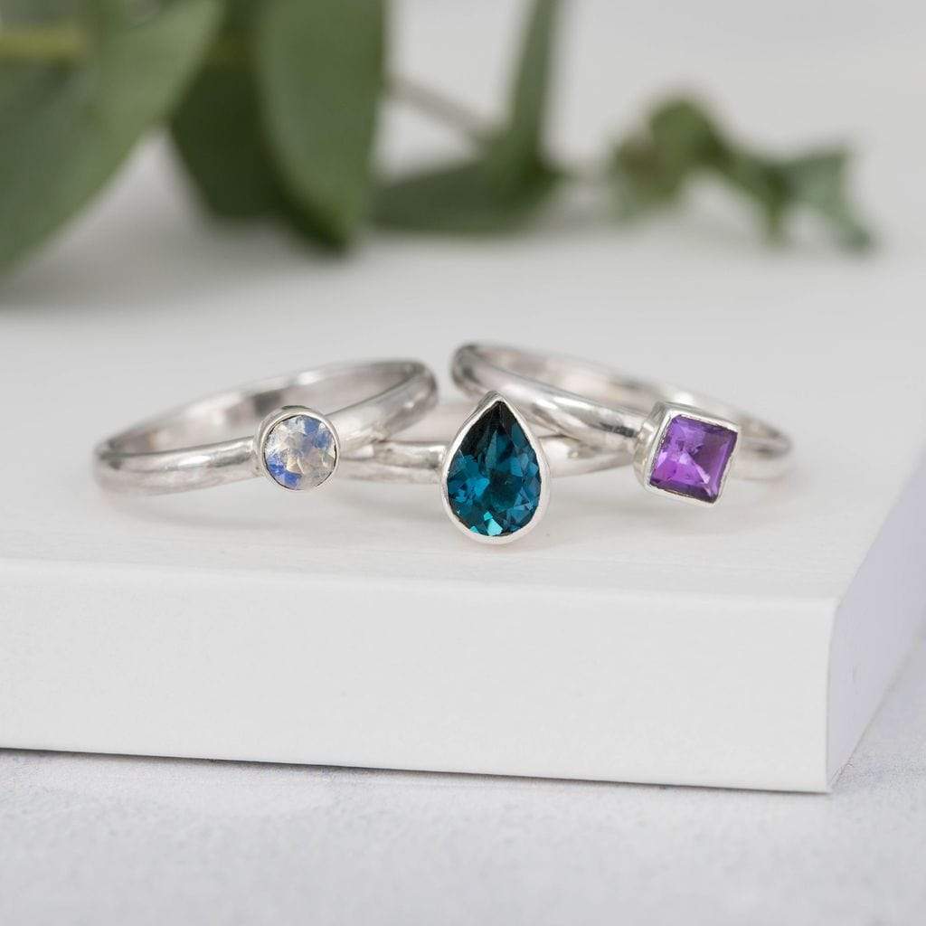 Becky Pearce Designs Rings Birthstone stacking ring set with faceted pear, trillion and round stones