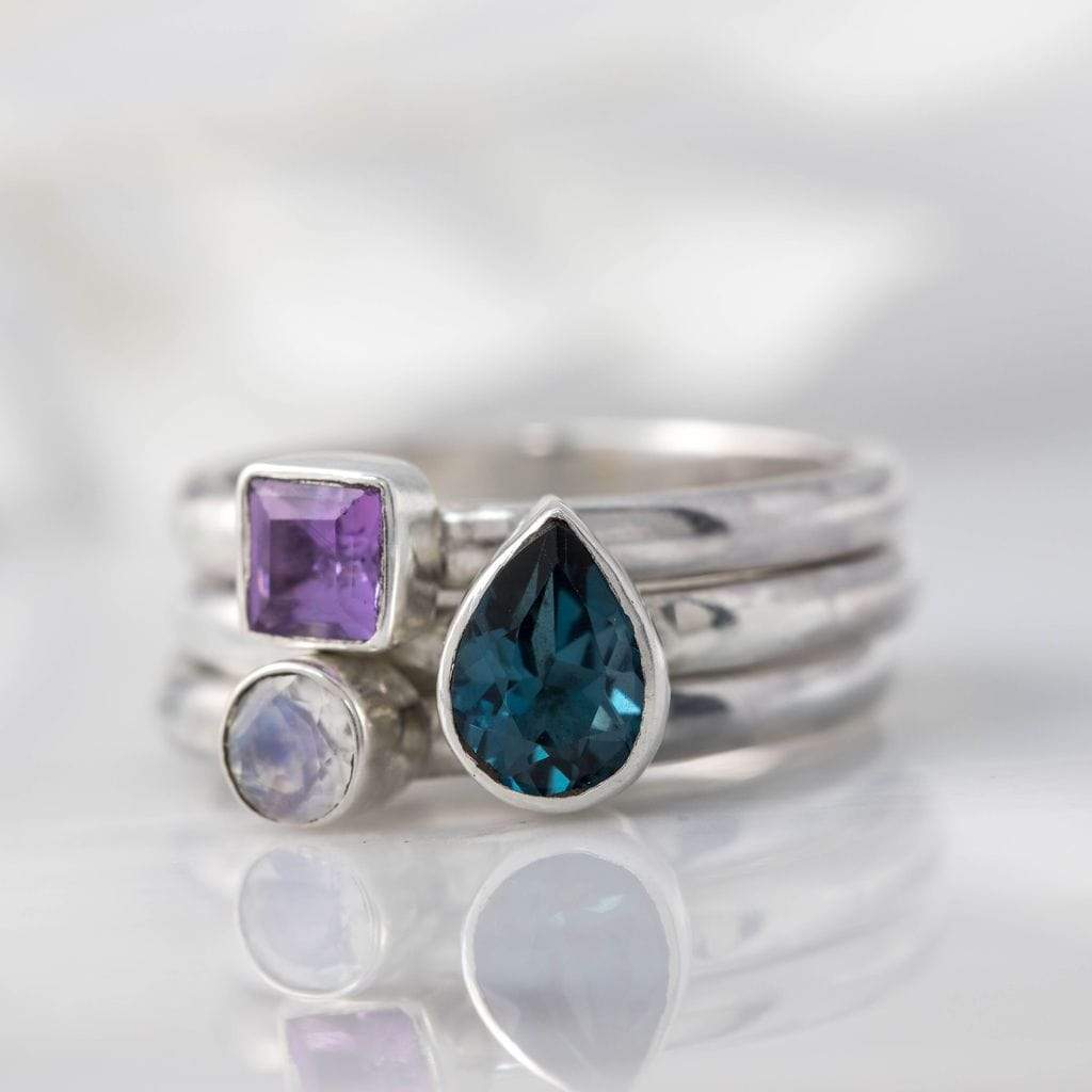 Becky Pearce Designs Rings Birthstone stacking ring set with faceted pear, trillion and round stones